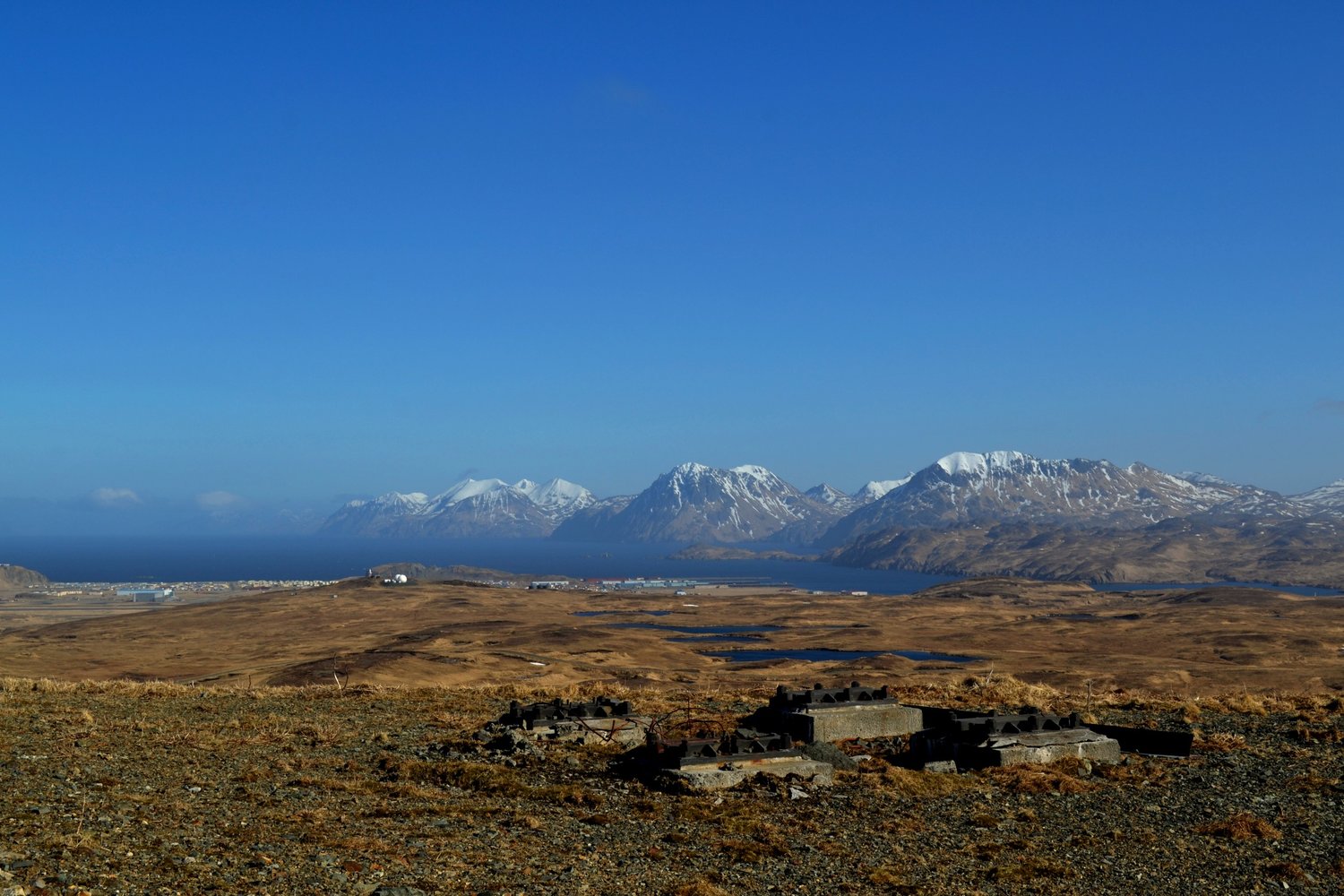 The town of Adak and the Pacific Ocean beyond as seen from White Alice, a Cold War era sattelite site. 