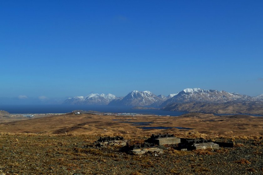 The town of Adak and the Pacific Ocean beyond as seen from White Alice, a Cold War era sattelite site. 